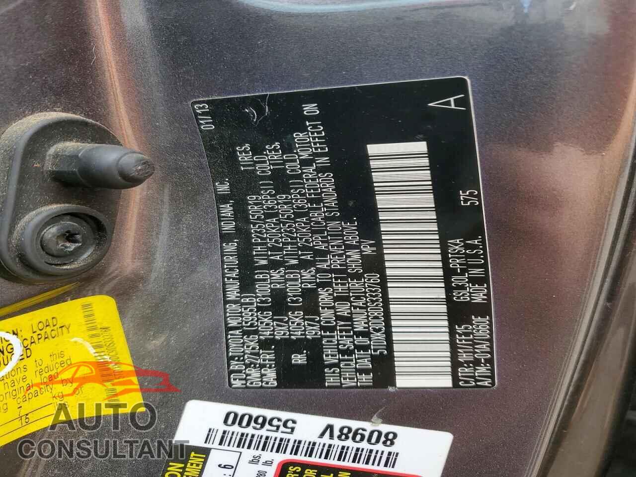 TOYOTA SIENNA 2013 - 5TDXK3DC8DS333760