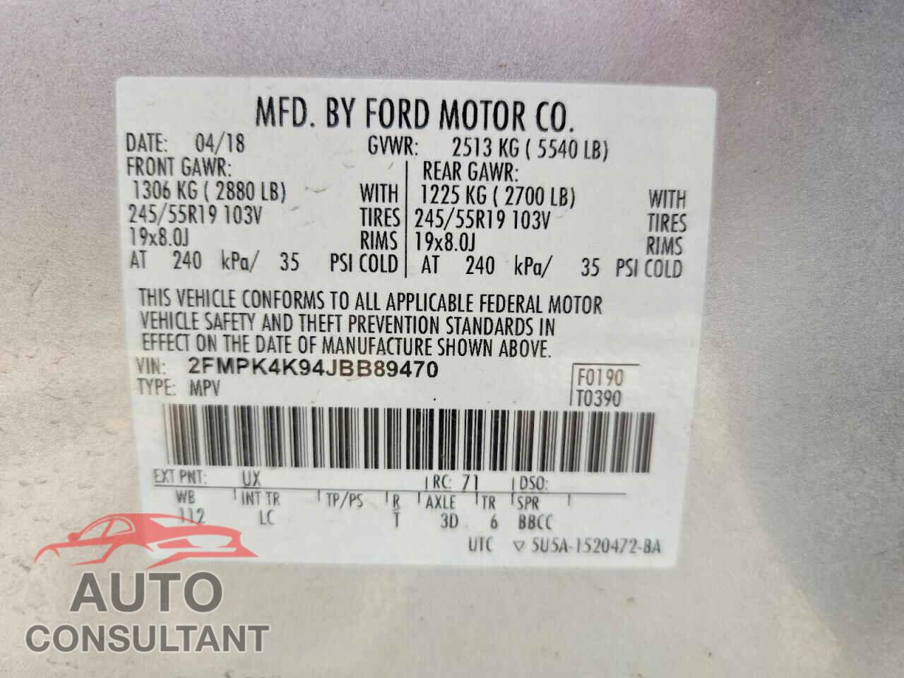 FORD EDGE 2018 - 2FMPK4K94JBB89470