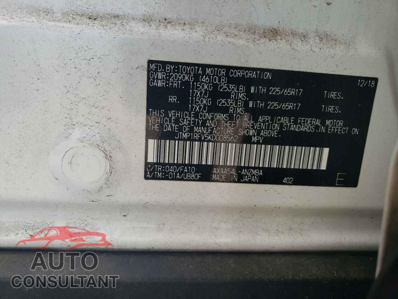 TOYOTA RAV4 2019 - JTMP1RFV5KD008562