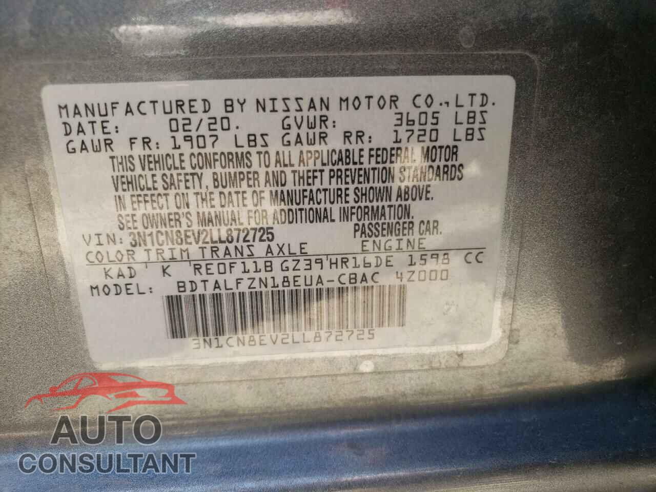 NISSAN VERSA 2020 - 3N1CN8EV2LL872725