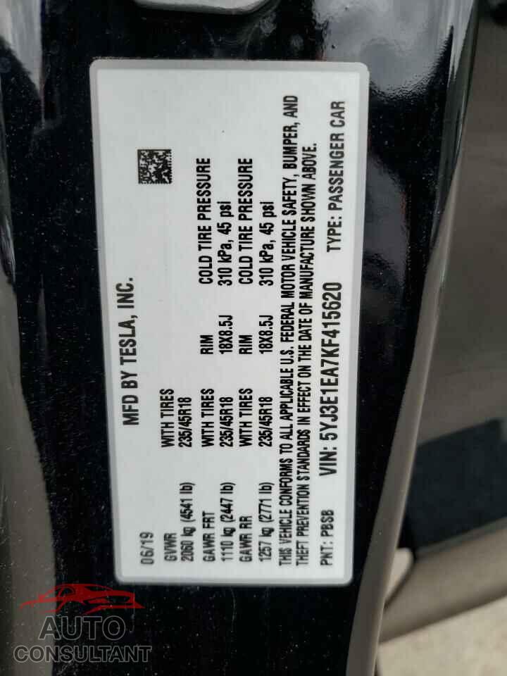 TESLA MODEL 3 2019 - 5YJ3E1EA7KF415620