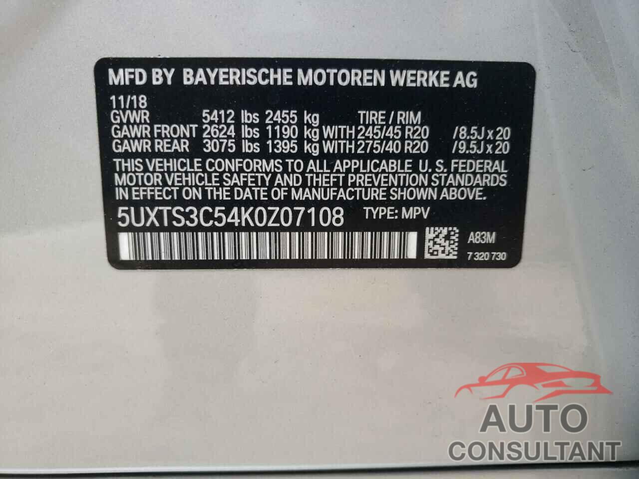 BMW X3 2019 - 5UXTS3C54K0Z07108