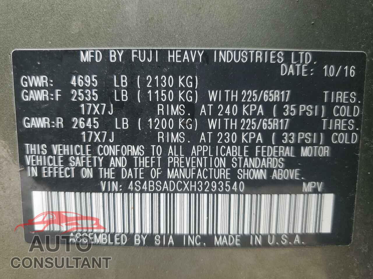 SUBARU OUTBACK 2017 - 4S4BSADCXH3293540