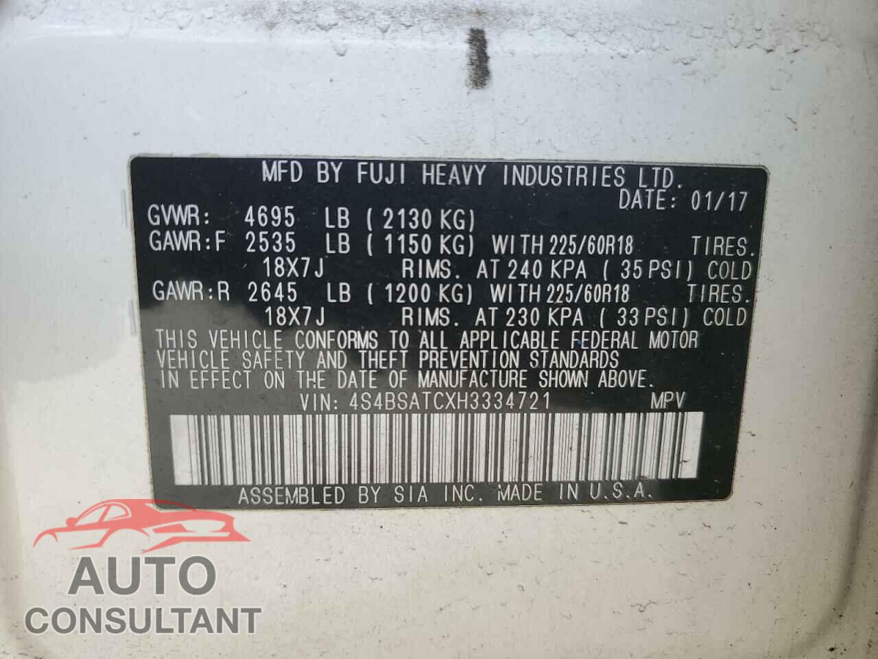 SUBARU OUTBACK 2017 - 4S4BSATCXH3334721