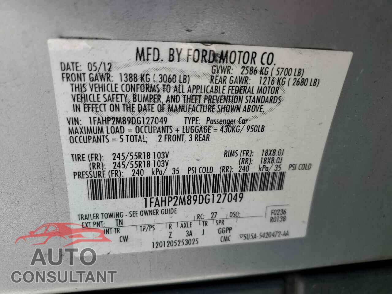 FORD TAURUS 2013 - 1FAHP2M89DG127049