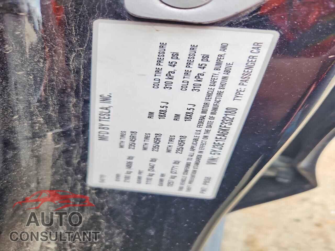 TESLA MODEL 3 2019 - 5YJ3E1EA6KF332180