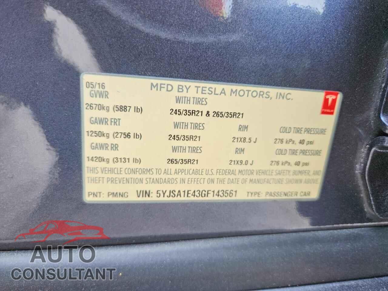 TESLA MODEL S 2016 - 5YJSA1E43GF143561