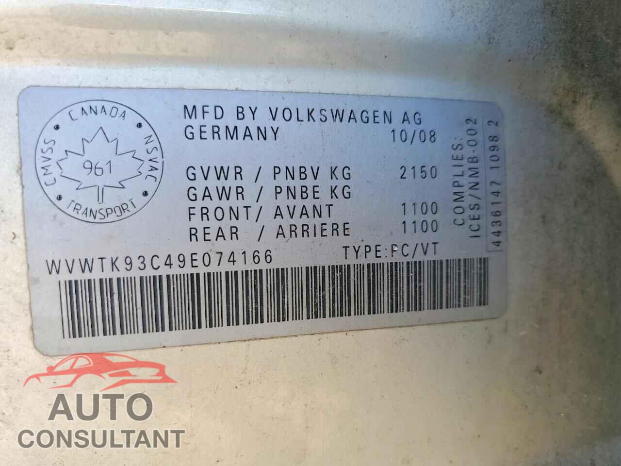 VOLKSWAGEN PASSAT 2009 - WVWTK93C49E074166