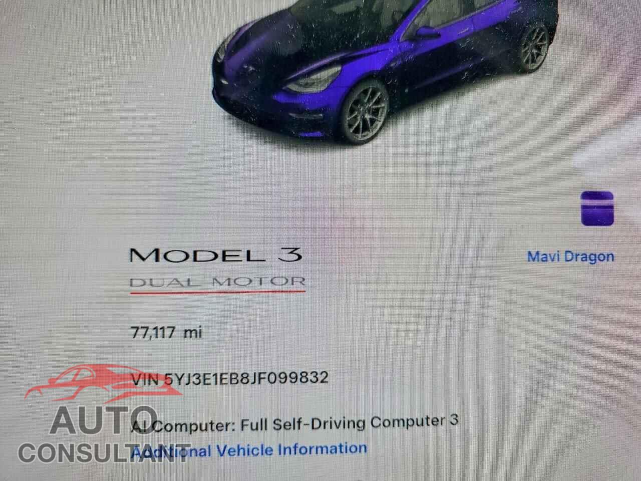 TESLA MODEL 3 2018 - 5YJ3E1EB8JF099832