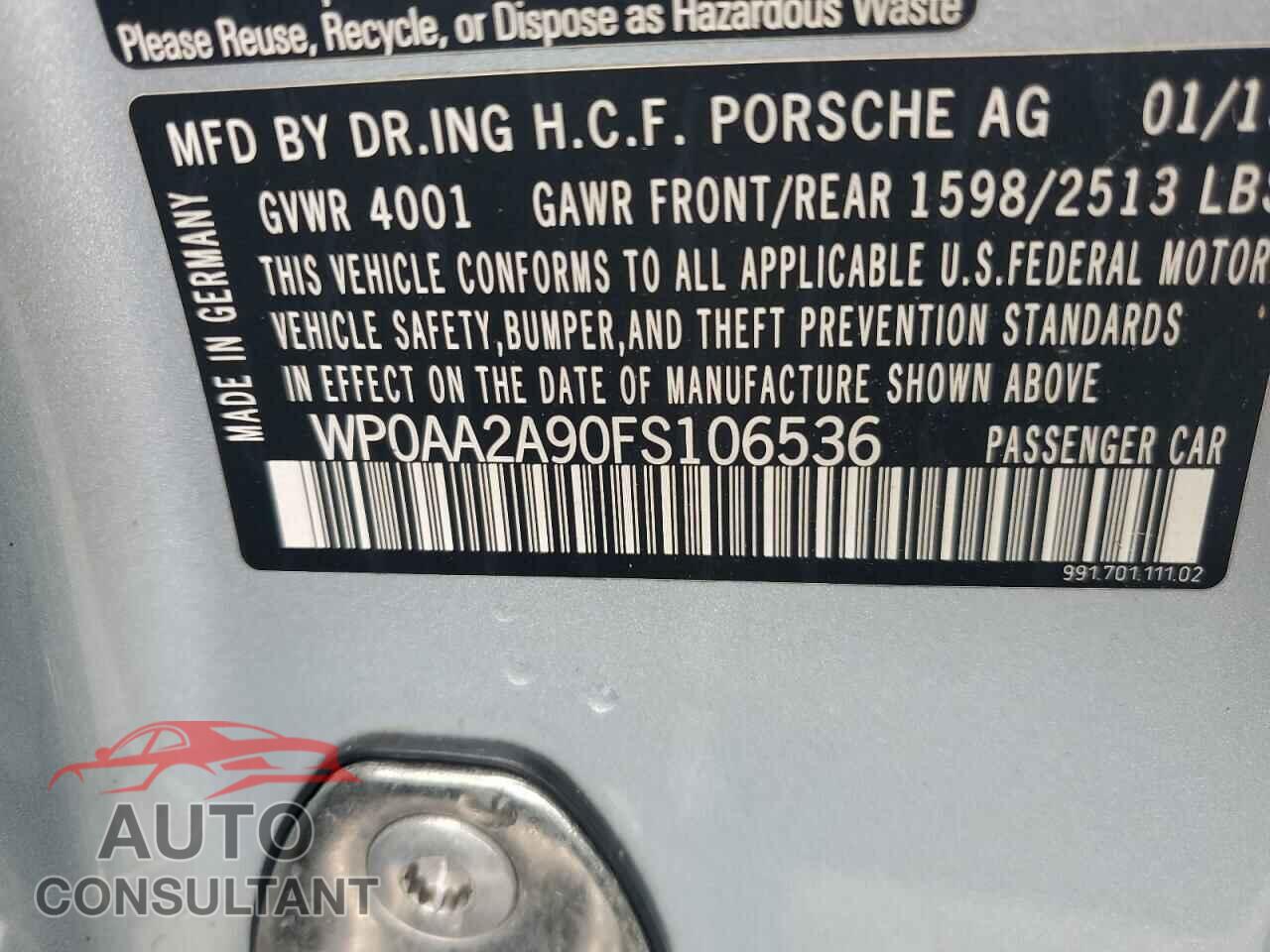 PORSCHE 911 2015 - WP0AA2A90FS106536