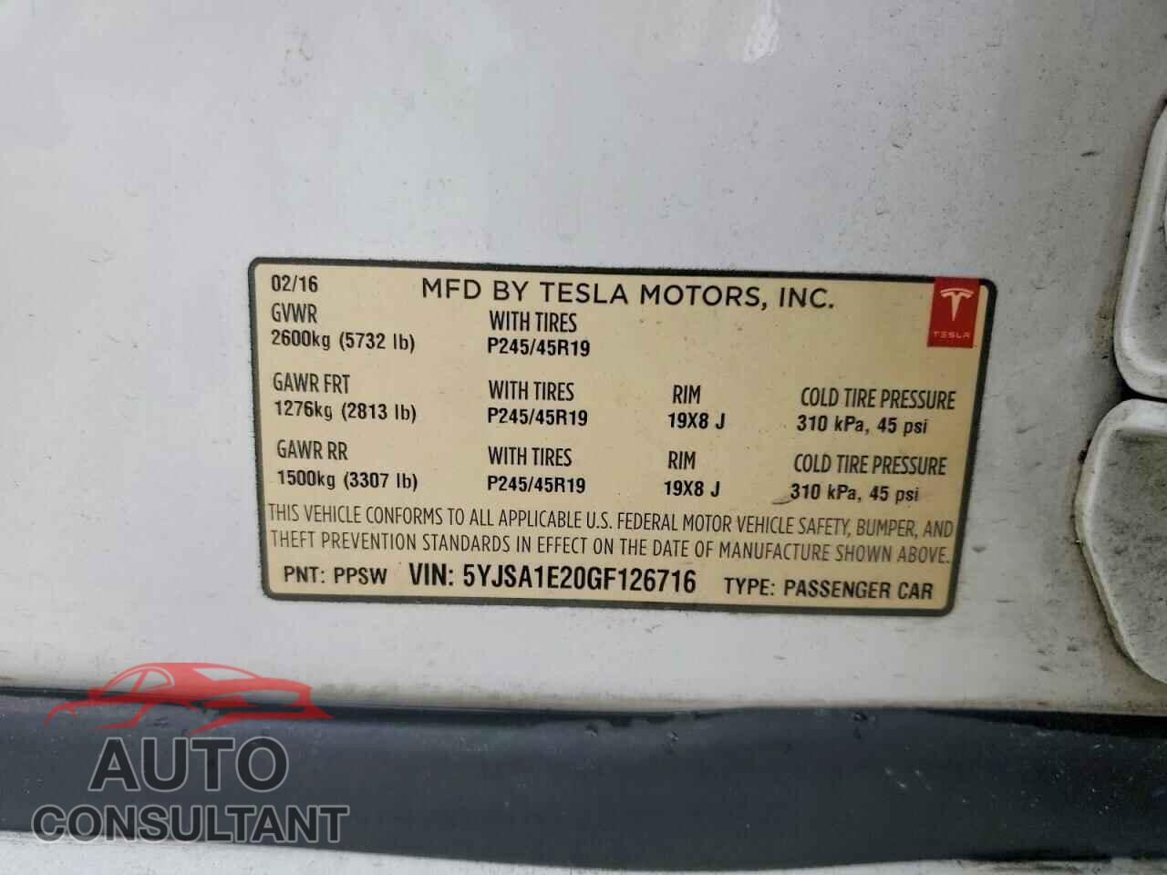 TESLA MODEL S 2016 - 5YJSA1E20GF126716