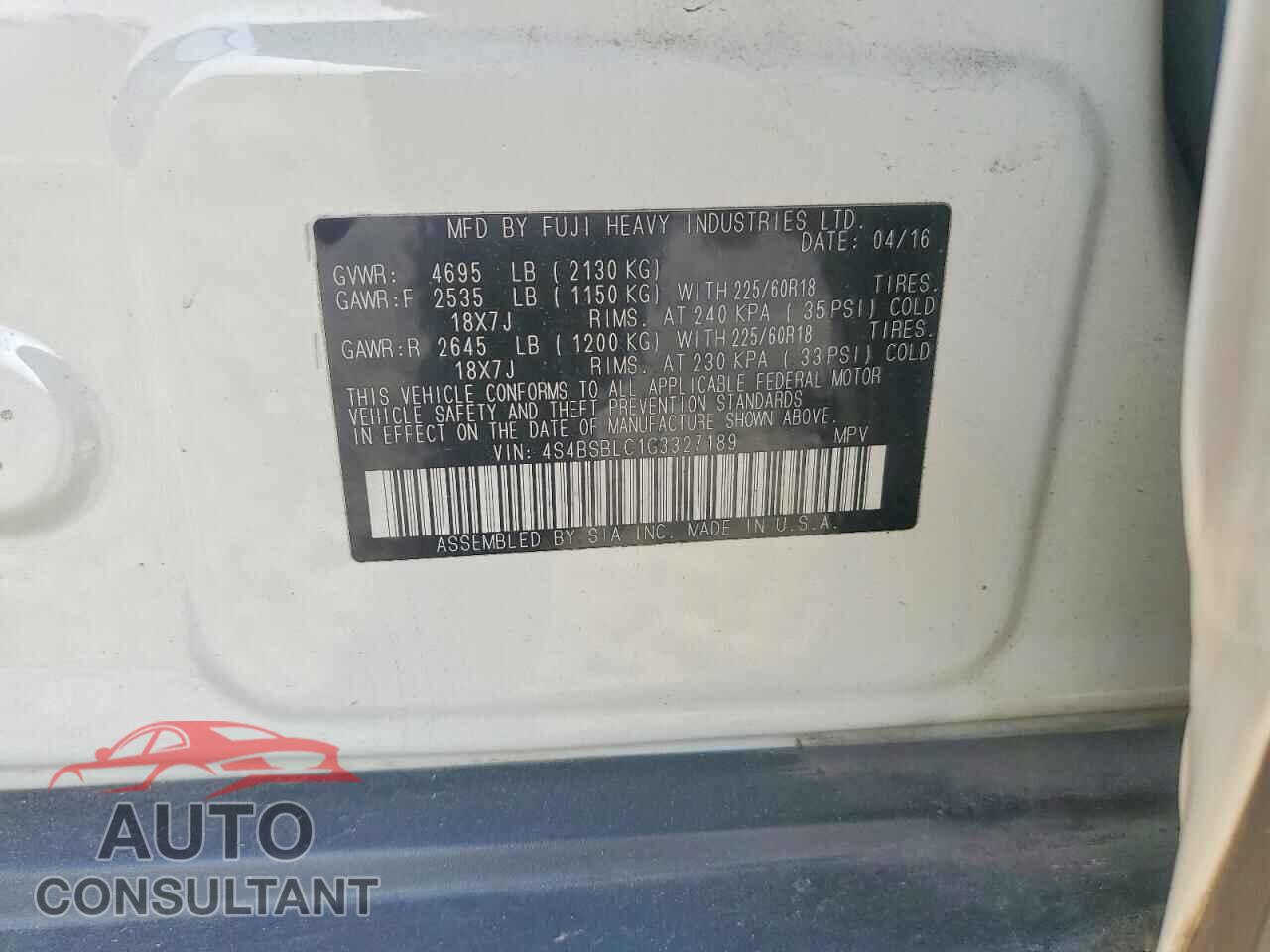 SUBARU OUTBACK 2016 - 4S4BSBLC1G3327189