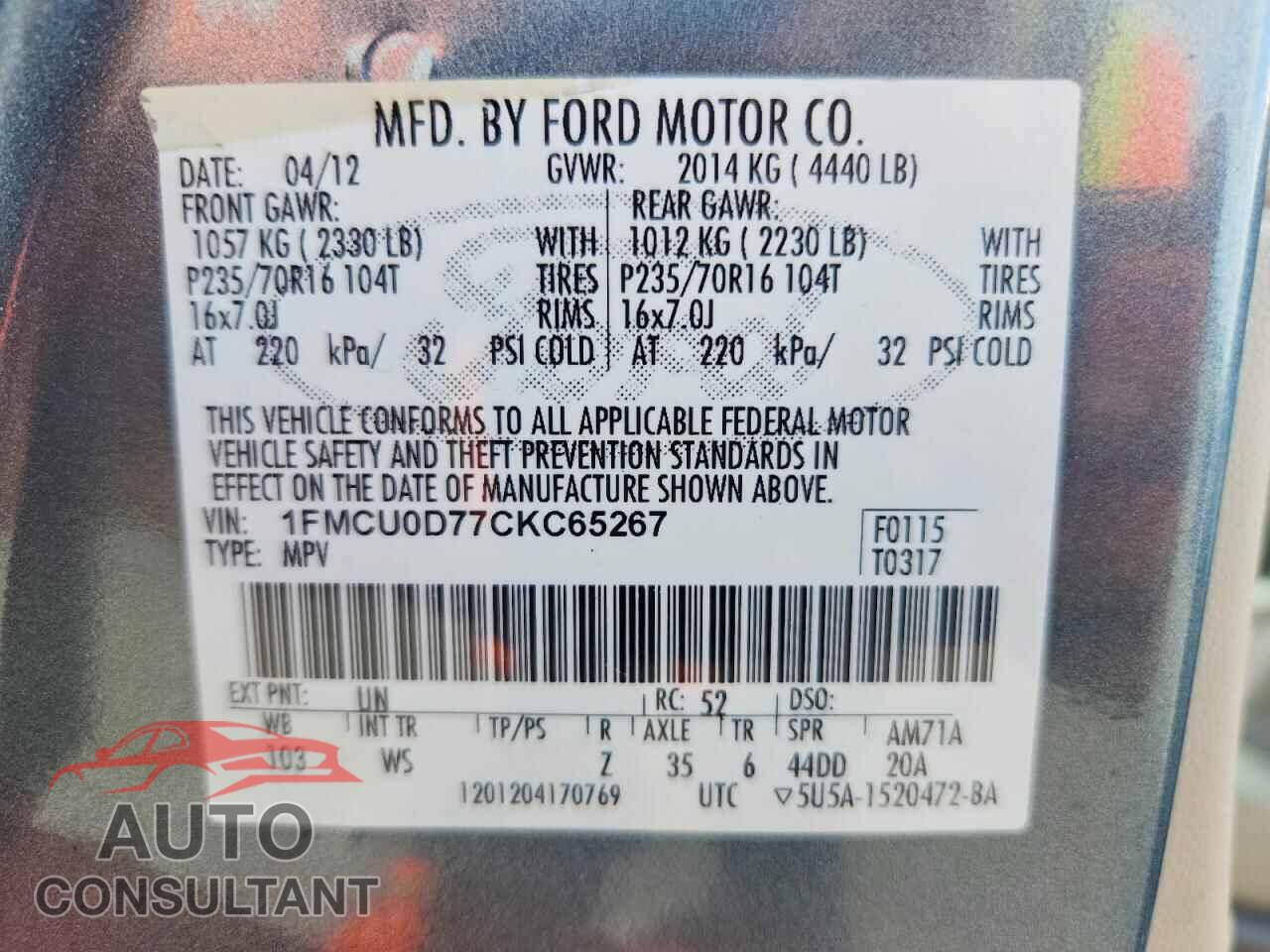 FORD ESCAPE 2012 - 1FMCU0D77CKC65267