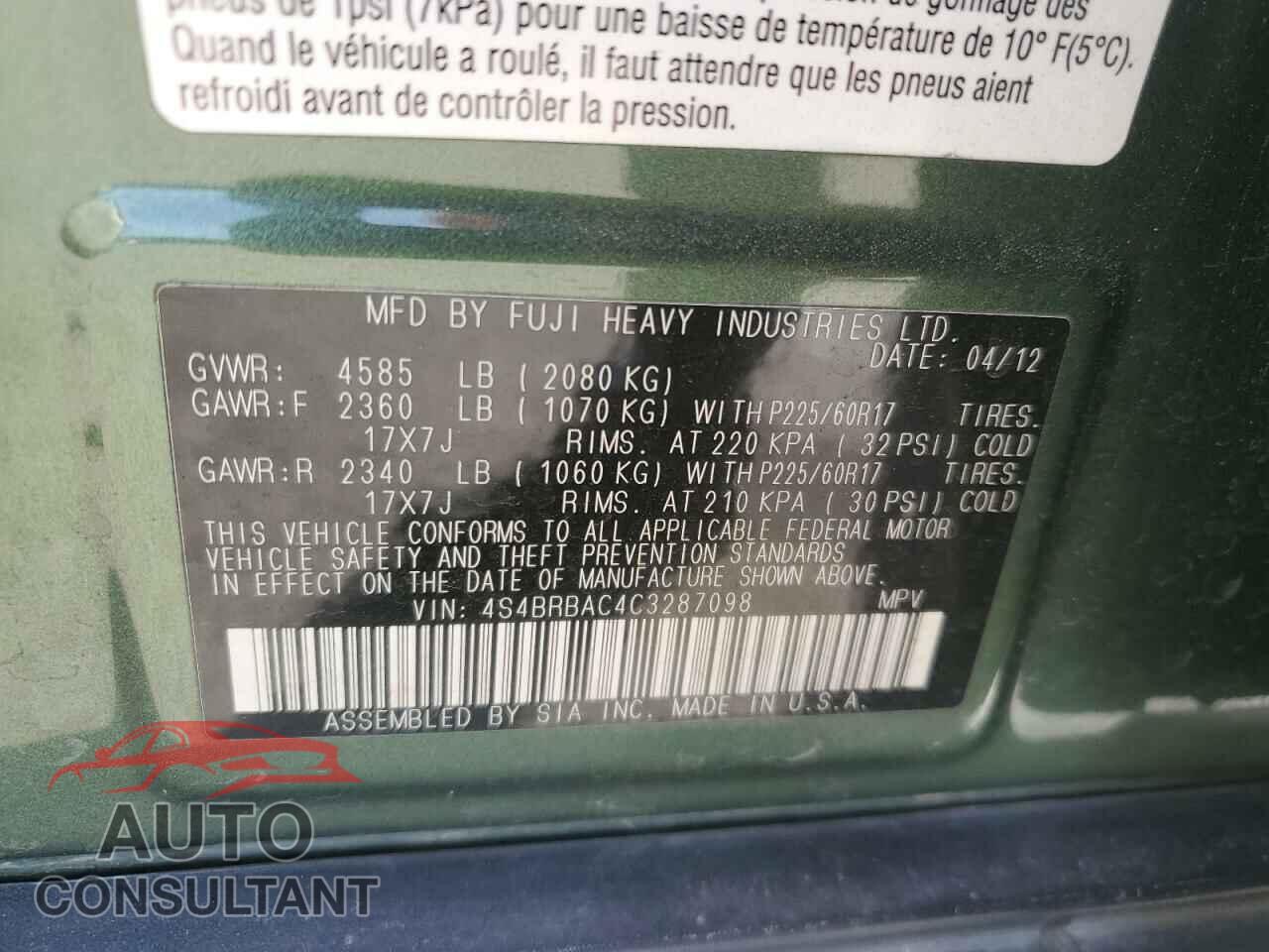SUBARU OUTBACK 2012 - 4S4BRBAC4C3287098