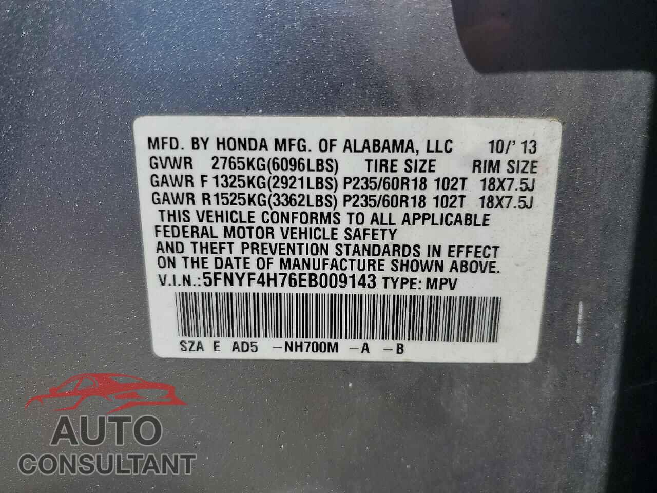 HONDA PILOT 2014 - 5FNYF4H76EB009143