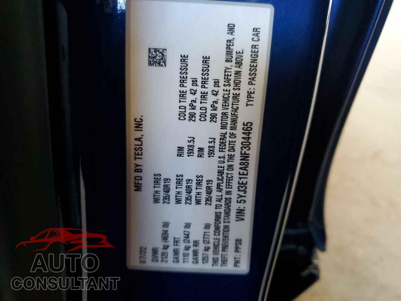 TESLA MODEL 3 2022 - 5YJ3E1EA8NF304465