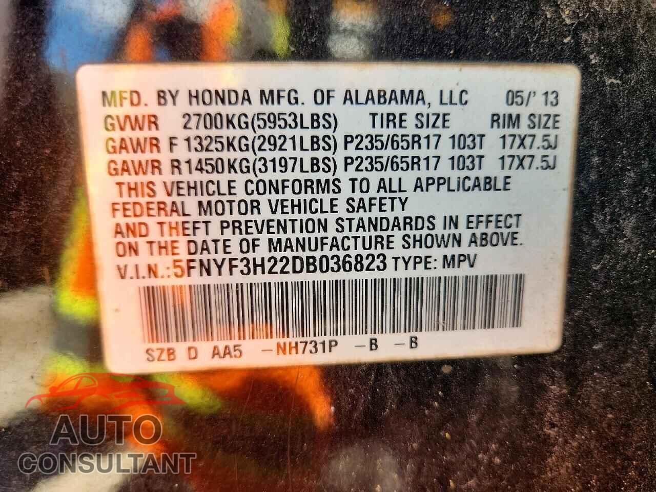 HONDA PILOT 2013 - 5FNYF3H22DB036823