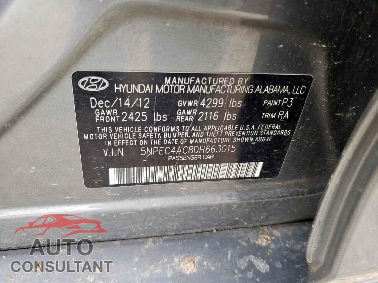HYUNDAI SONATA 2013 - 5NPEC4AC8DH663015
