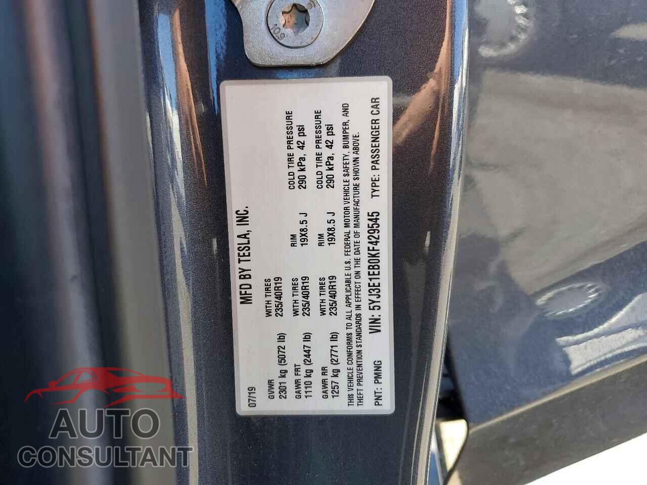 TESLA MODEL 3 2019 - 5YJ3E1EB0KF429545