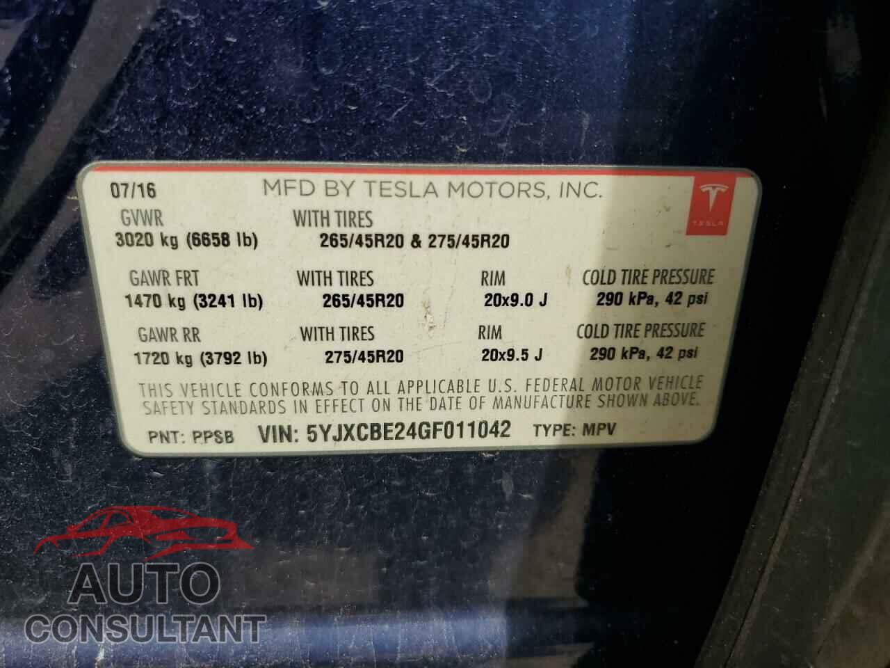 TESLA MODEL X 2016 - 5YJXCBE24GF011042