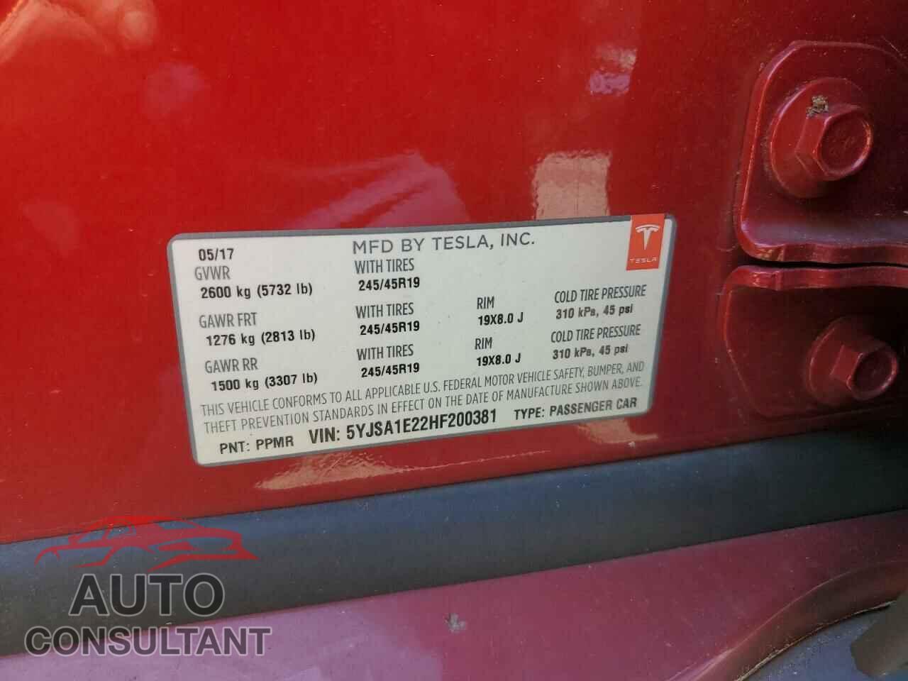 TESLA MODEL S 2017 - 5YJSA1E22HF200381