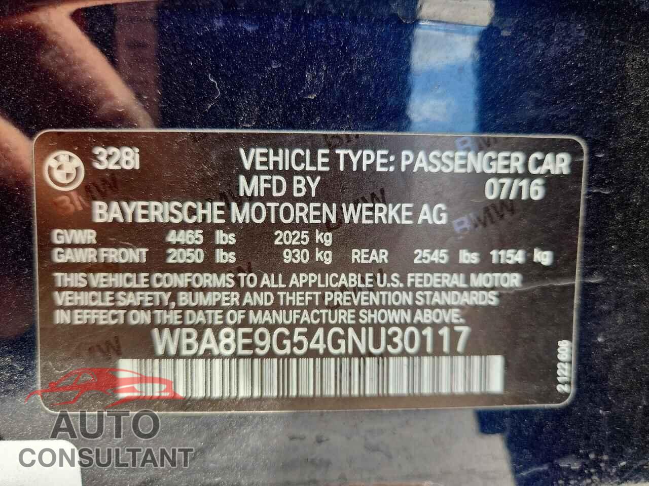 BMW 3 SERIES 2016 - WBA8E9G54GNU30117