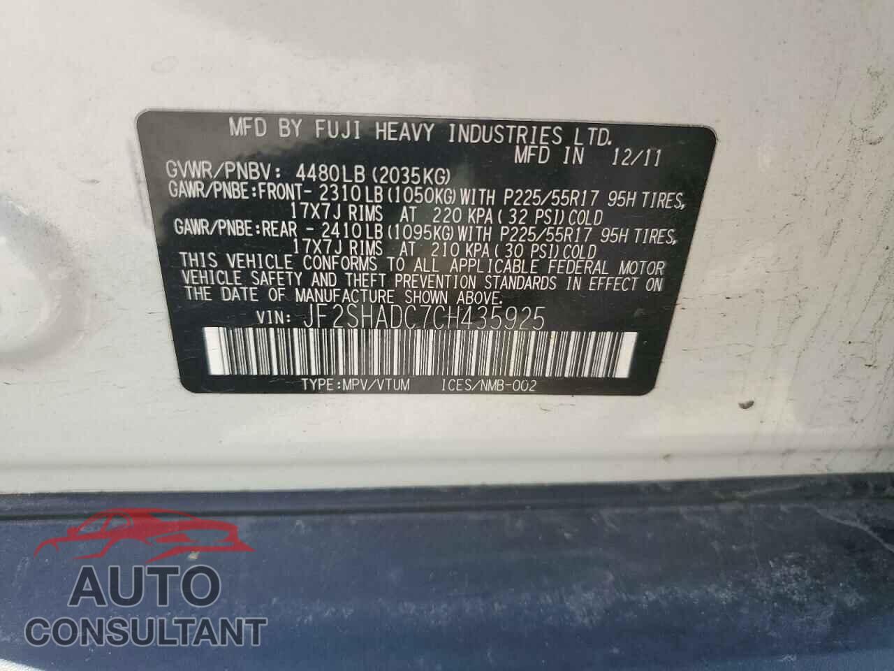 SUBARU FORESTER 2012 - JF2SHADC7CH435925