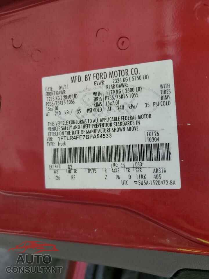 FORD RANGER 2011 - 1FTLR4FE7BPA54533