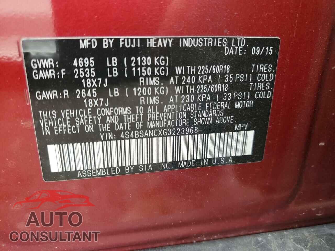 SUBARU OUTBACK 2016 - 4S4BSANCXG3223968