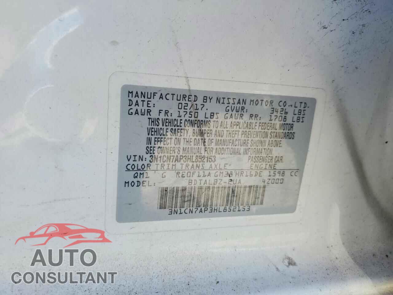 NISSAN VERSA 2017 - 3N1CN7AP3HL852153