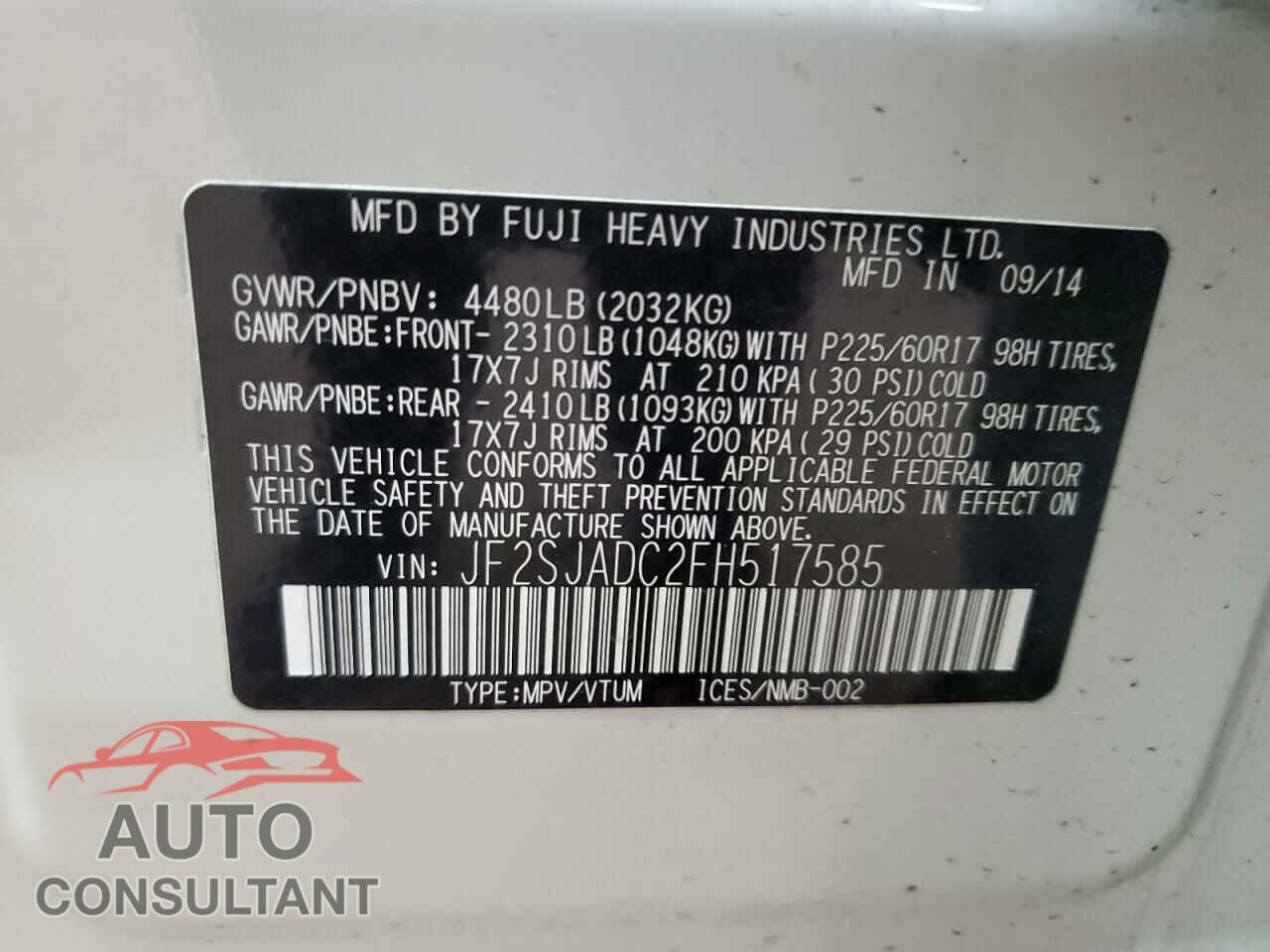 SUBARU FORESTER 2015 - JF2SJADC2FH517585