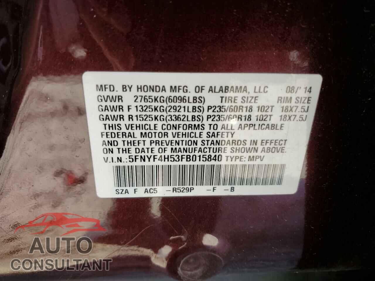 HONDA PILOT 2015 - 5FNYF4H53FB015840