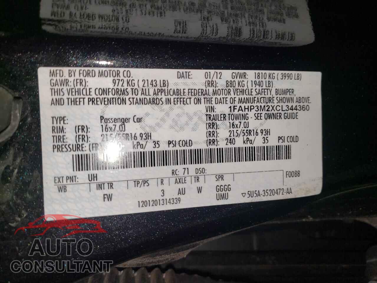 FORD FOCUS 2012 - 1FAHP3M2XCL344360