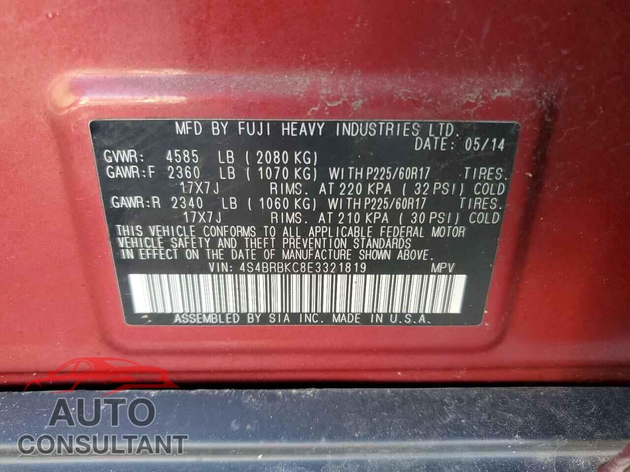 SUBARU OUTBACK 2014 - 4S4BRBKC8E3321819