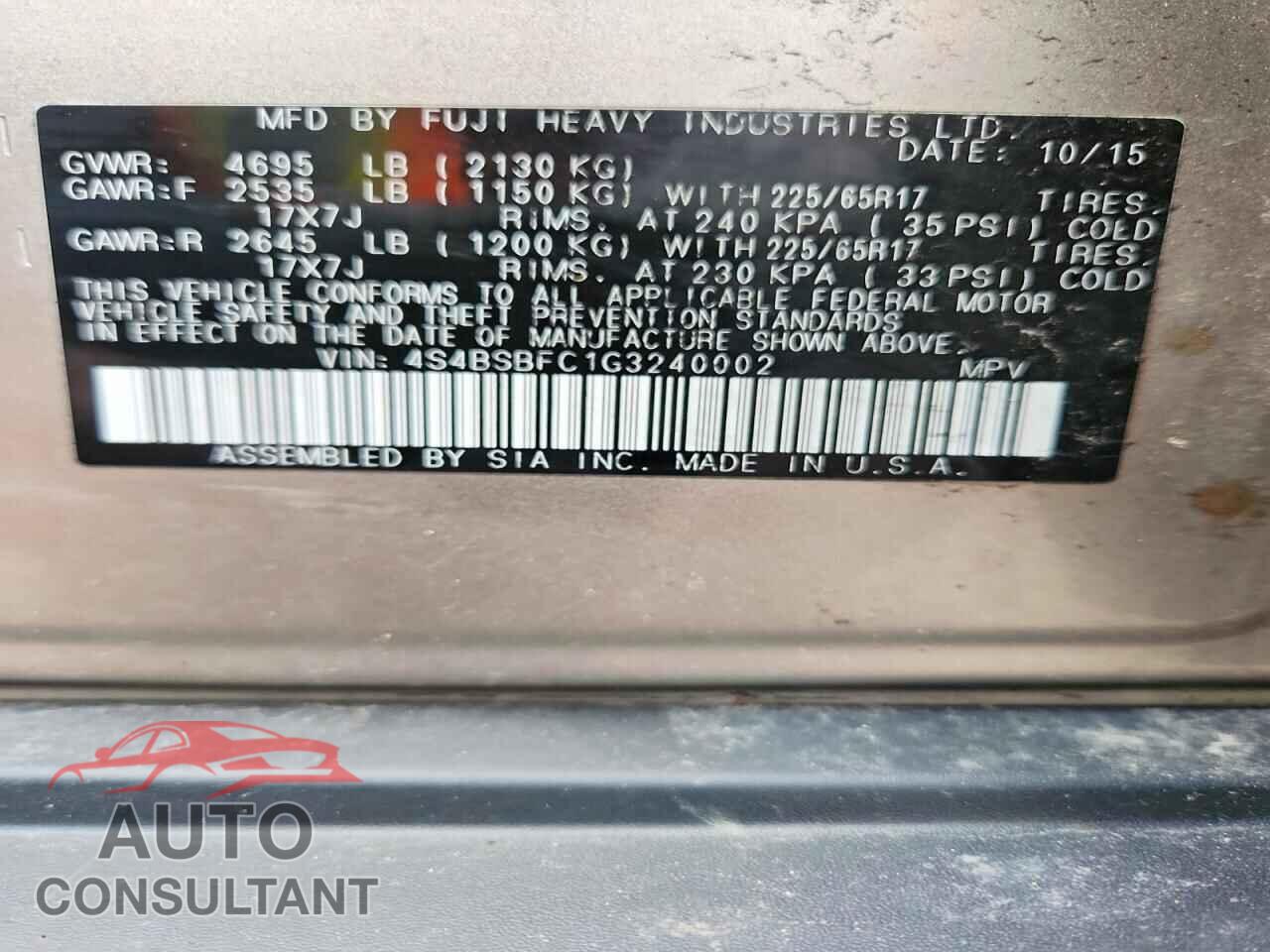 SUBARU OUTBACK 2016 - 4S4BSBFC1G3240002