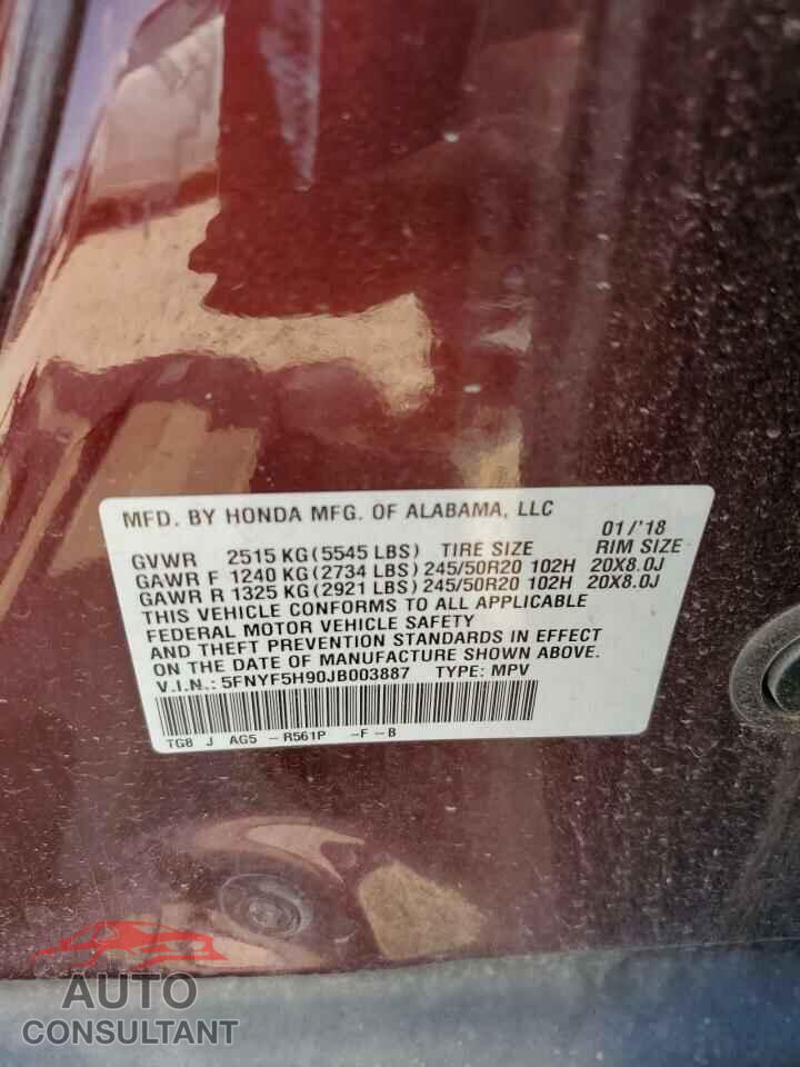 HONDA PILOT 2018 - 5FNYF5H90JB003887