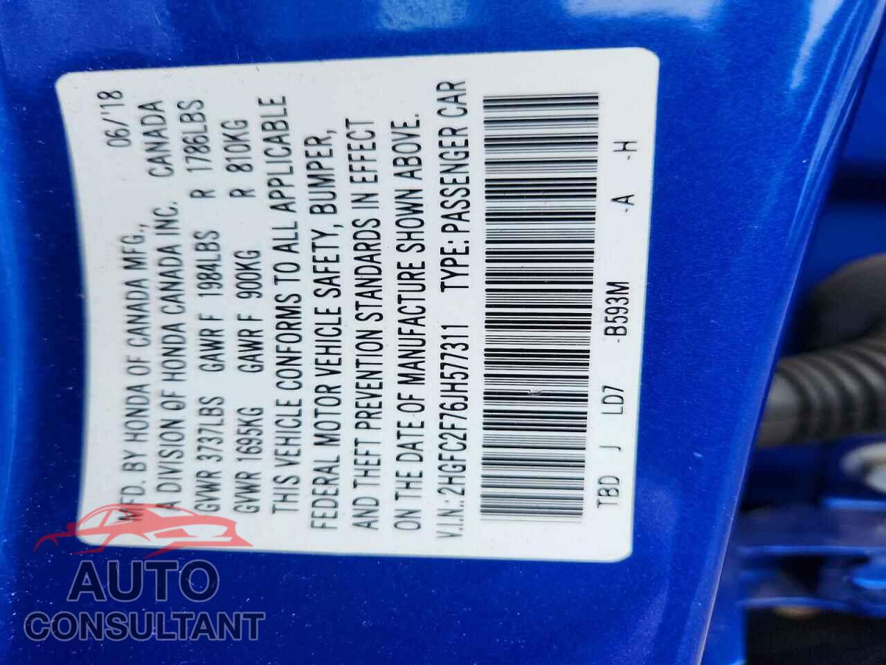HONDA CIVIC 2018 - 2HGFC2F76JH577311