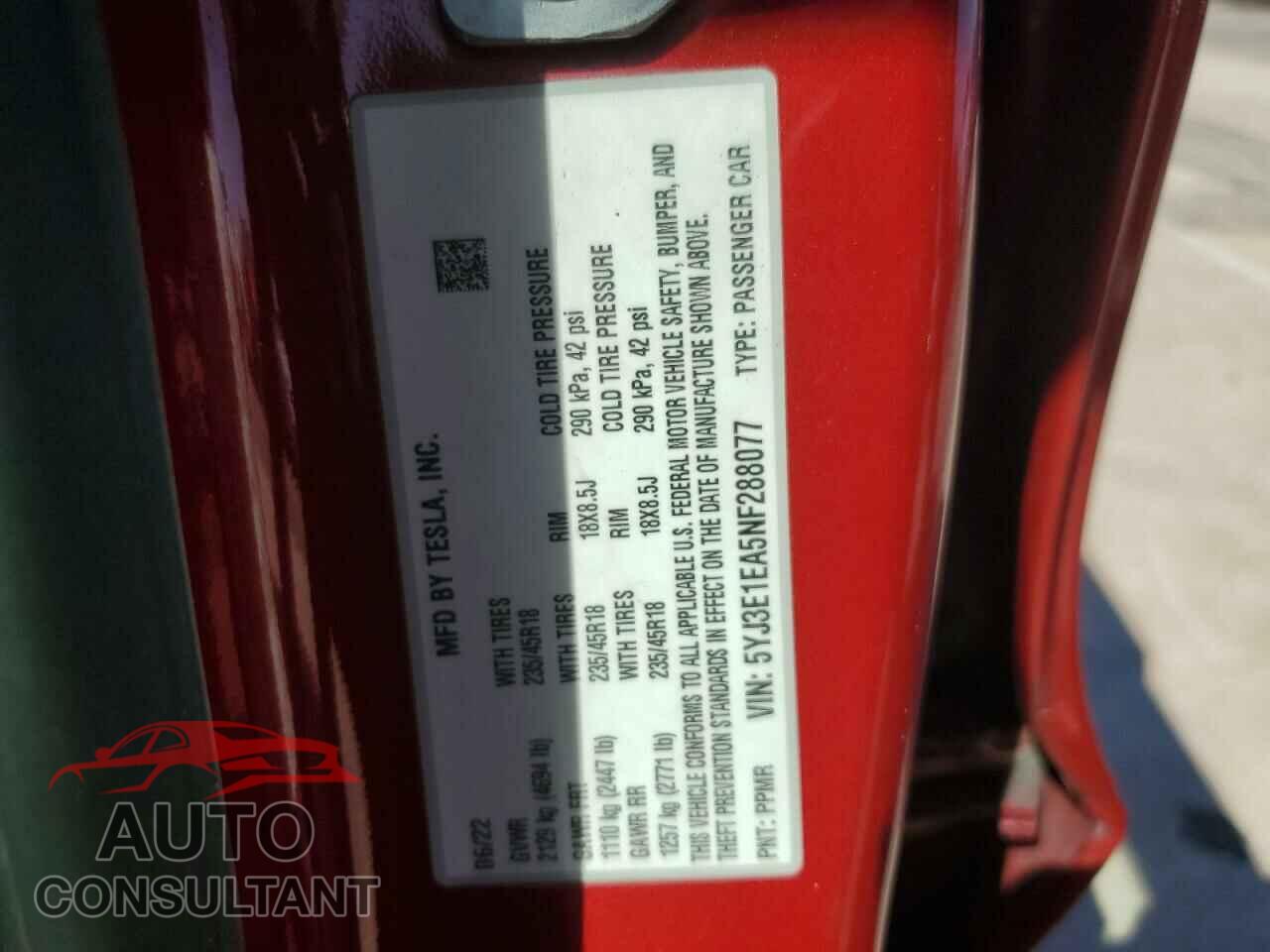 TESLA MODEL 3 2022 - 5YJ3E1EA5NF288077