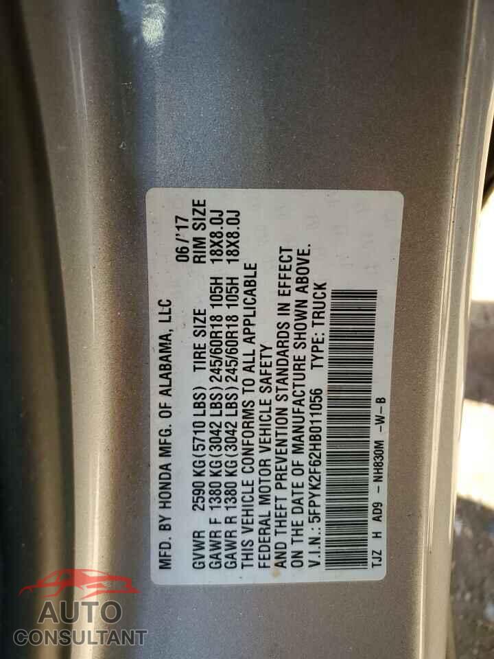 HONDA RIDGELINE 2017 - 5FPYK2F62HB011056
