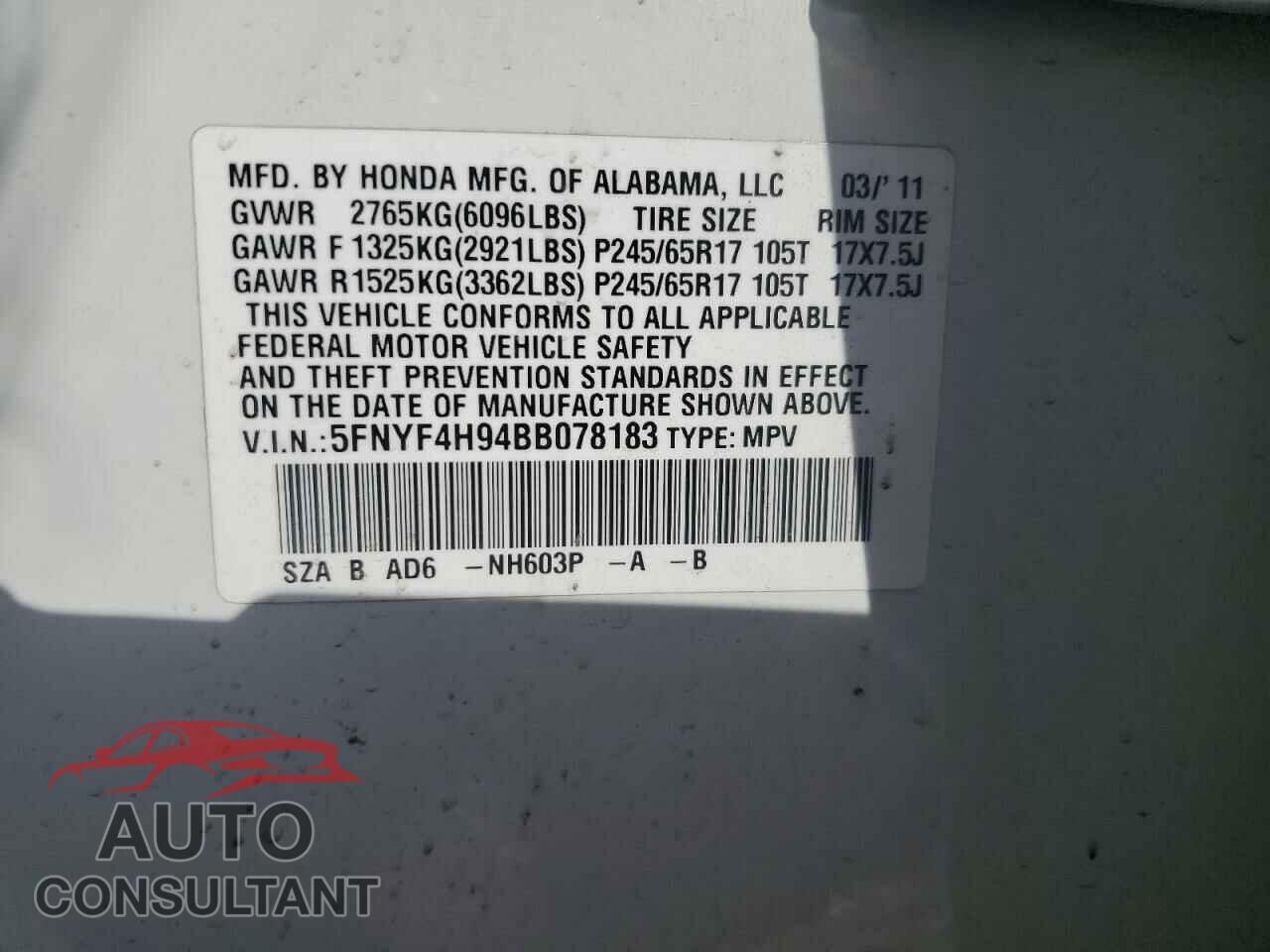 HONDA PILOT 2011 - 5FNYF4H94BB078183