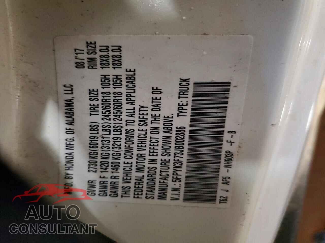 HONDA RIDGELINE 2018 - 5FPYK3F73JB002886