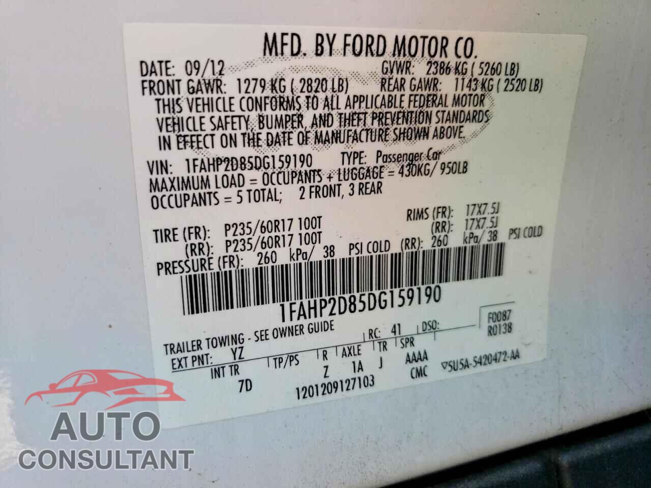 FORD TAURUS 2013 - 1FAHP2D85DG159190