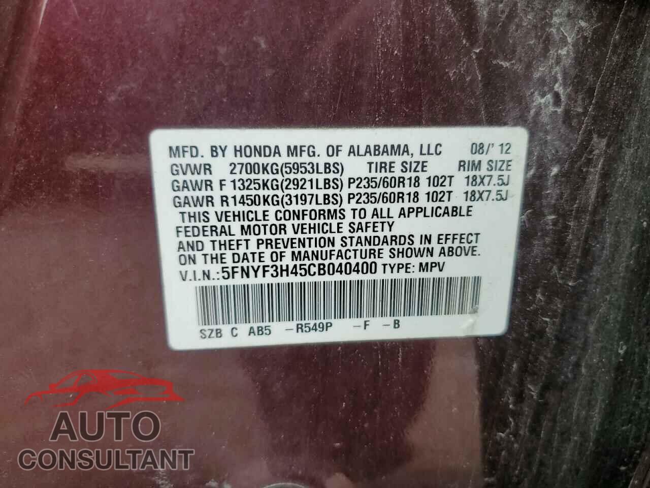 HONDA PILOT 2012 - 5FNYF3H45CB040400