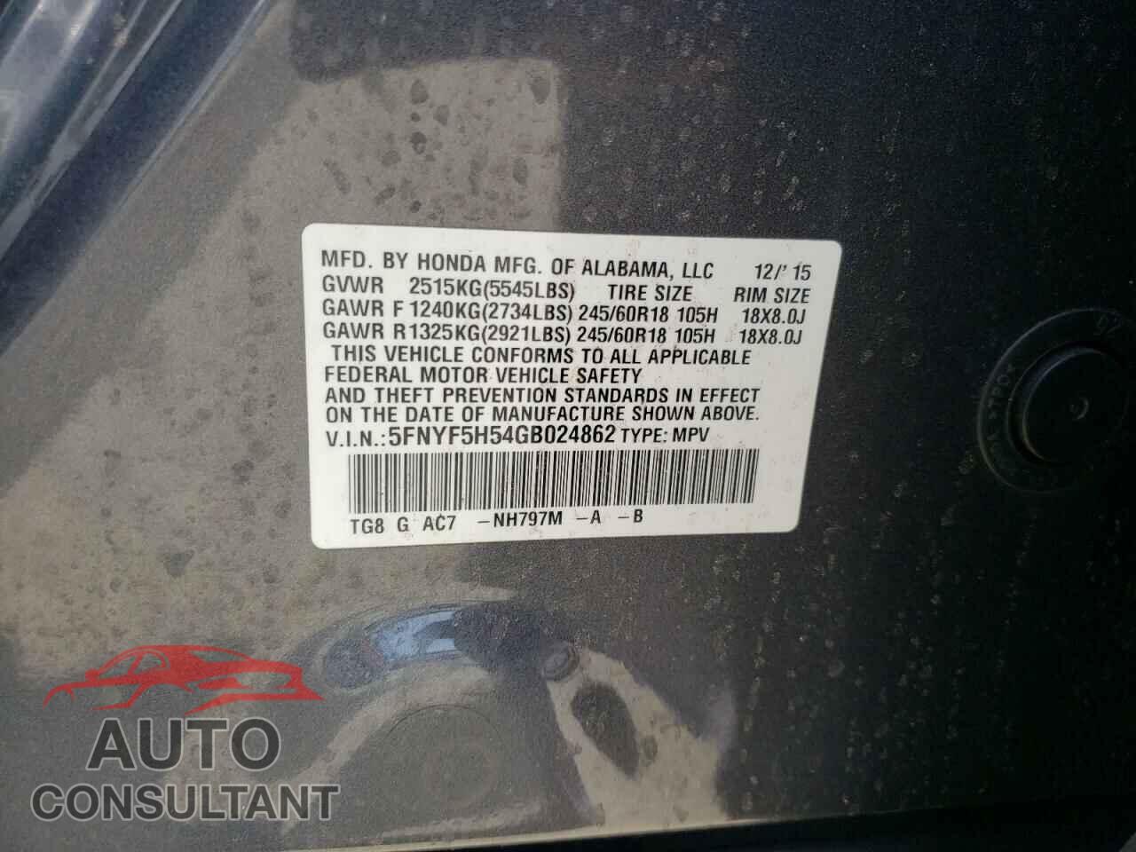 HONDA PILOT 2016 - 5FNYF5H54GB024862
