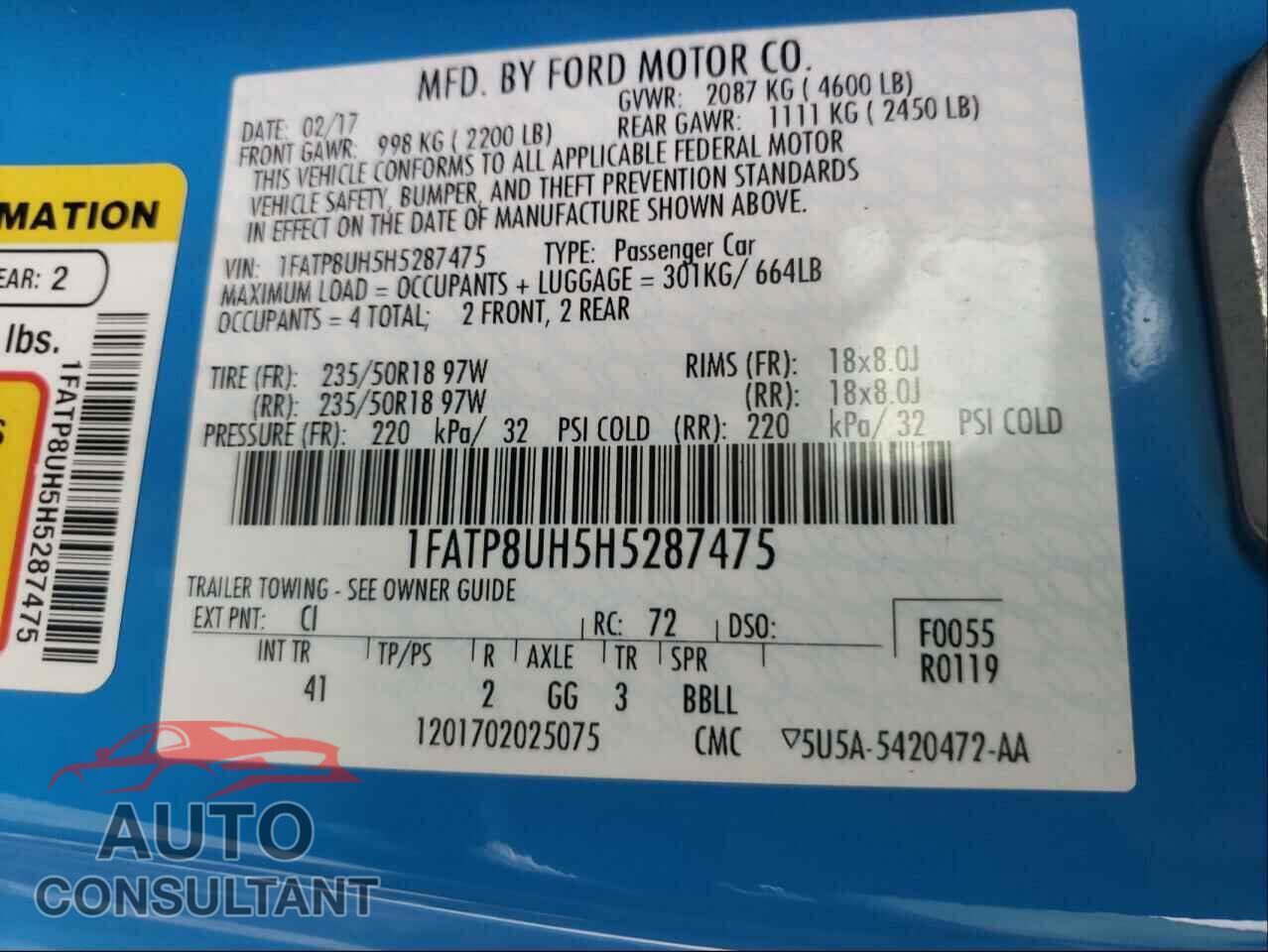 FORD MUSTANG 2017 - 1FATP8UH5H5287475