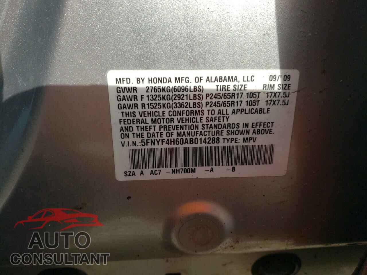 HONDA PILOT 2010 - 5FNYF4H60AB014288