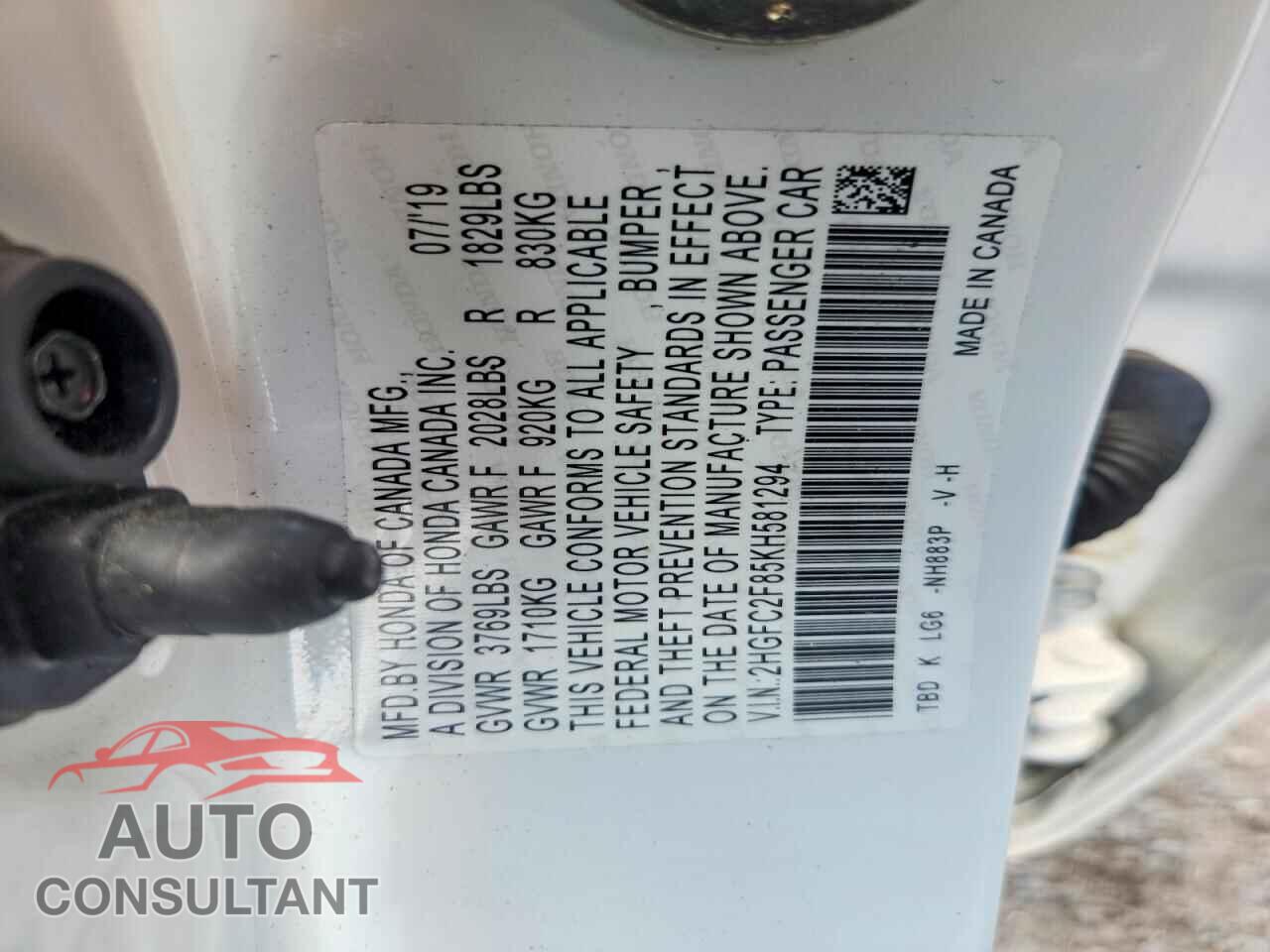 HONDA CIVIC 2019 - 2HGFC2F85KH581294
