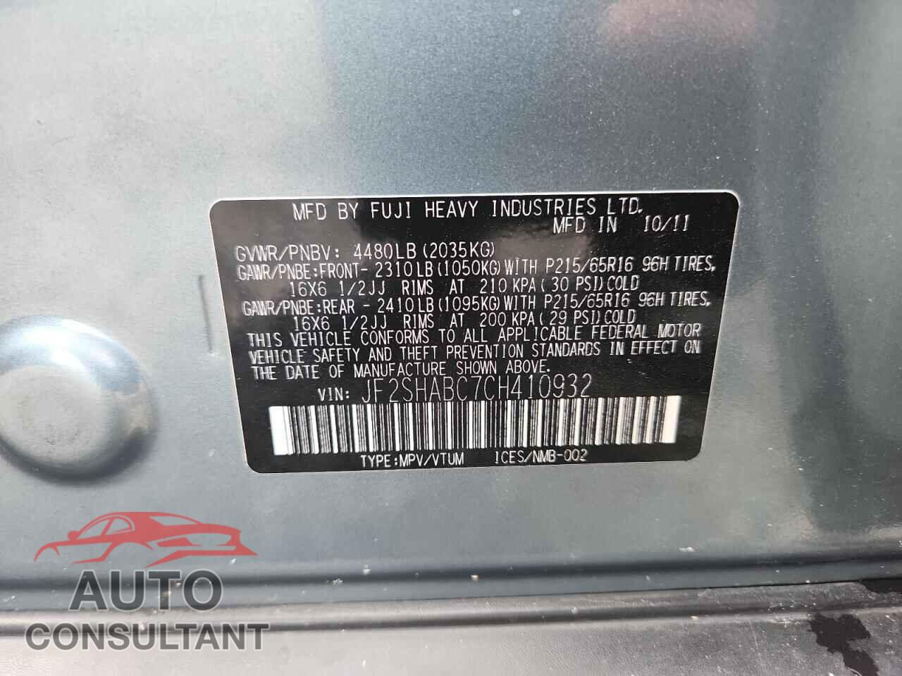 SUBARU FORESTER 2012 - JF2SHABC7CH410932