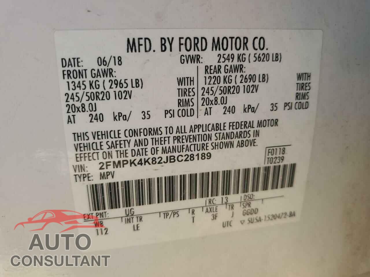 FORD EDGE 2018 - 2FMPK4K82JBC28189