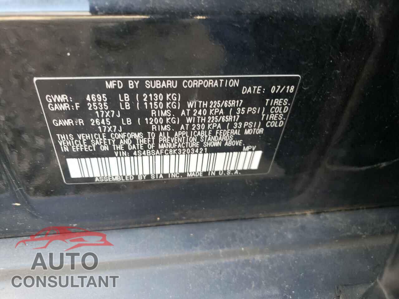 SUBARU OUTBACK 2019 - 4S4BSAFC8K3203421